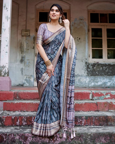 Dark Blue & Grey Floral Printed Cotton Silk Saree