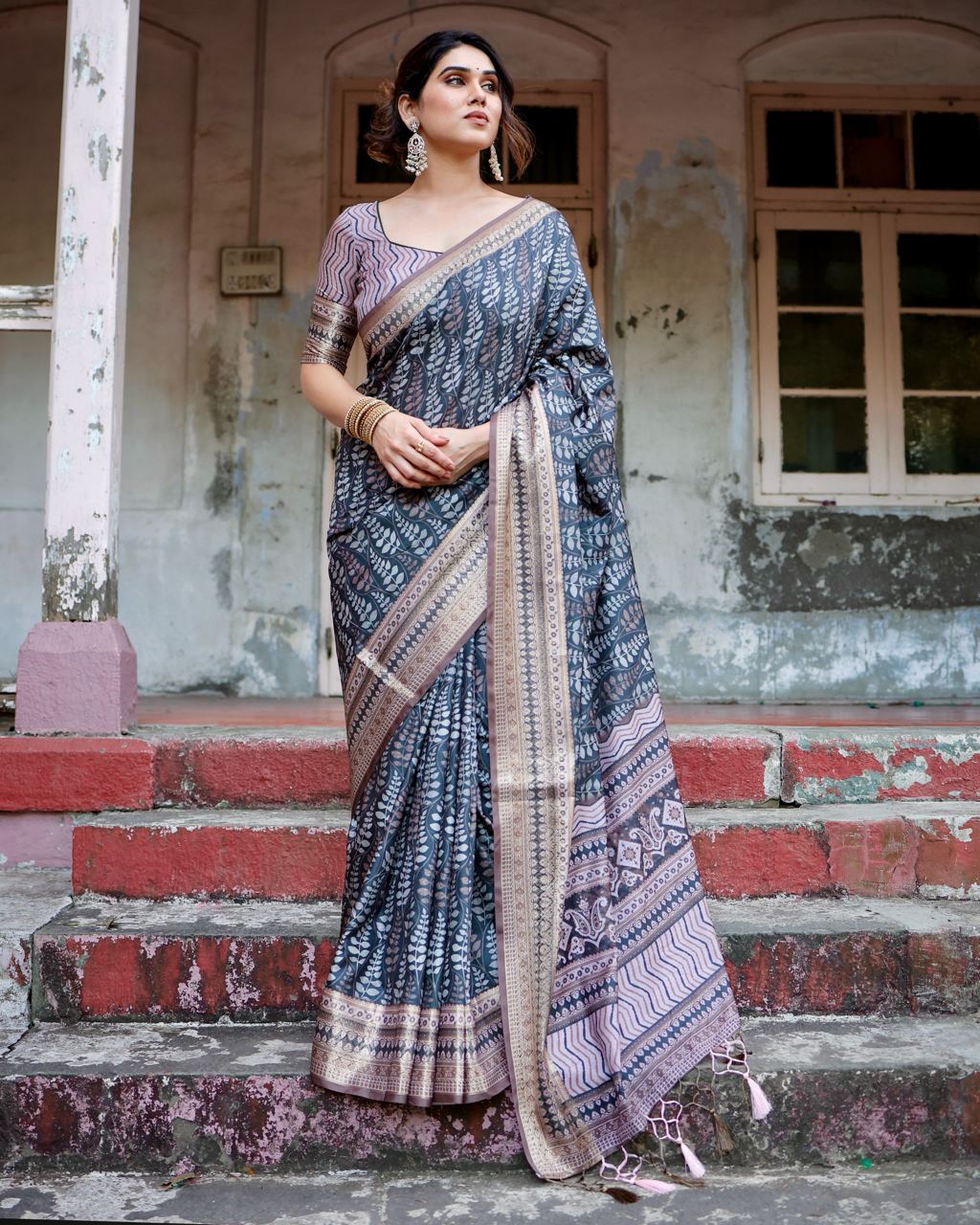 Dark Blue & Grey Floral Printed Cotton Silk Saree