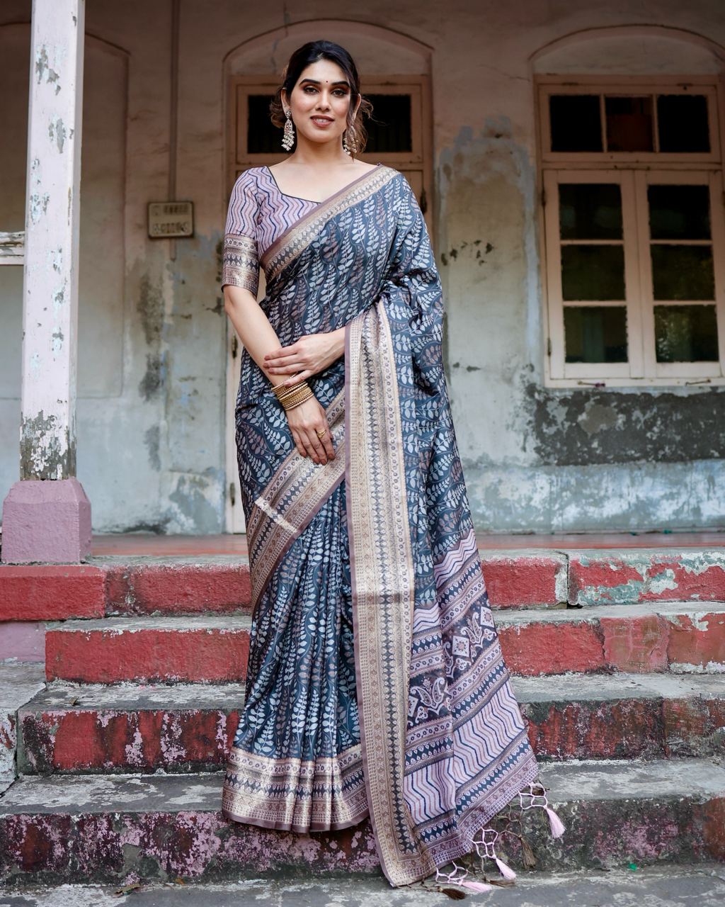 Dark Blue & Grey Floral Printed Cotton Silk Saree