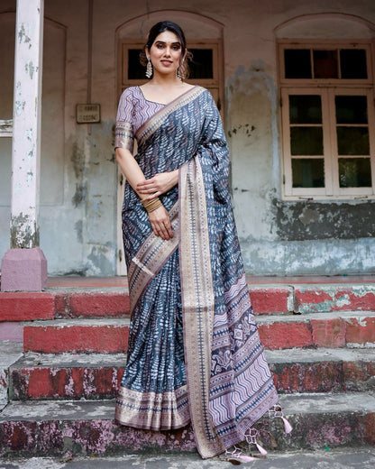Dark Blue & Grey Floral Printed Cotton Silk Saree