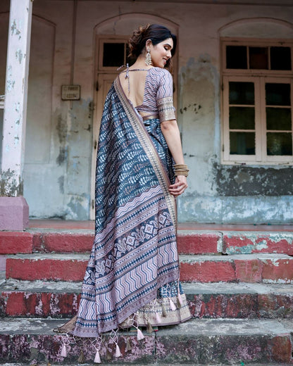 Dark Blue & Grey Floral Printed Cotton Silk Saree