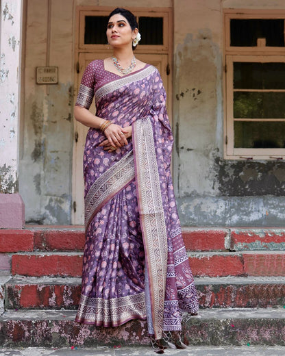 Luxury Purple Floral Printed Cotton Silk Saree