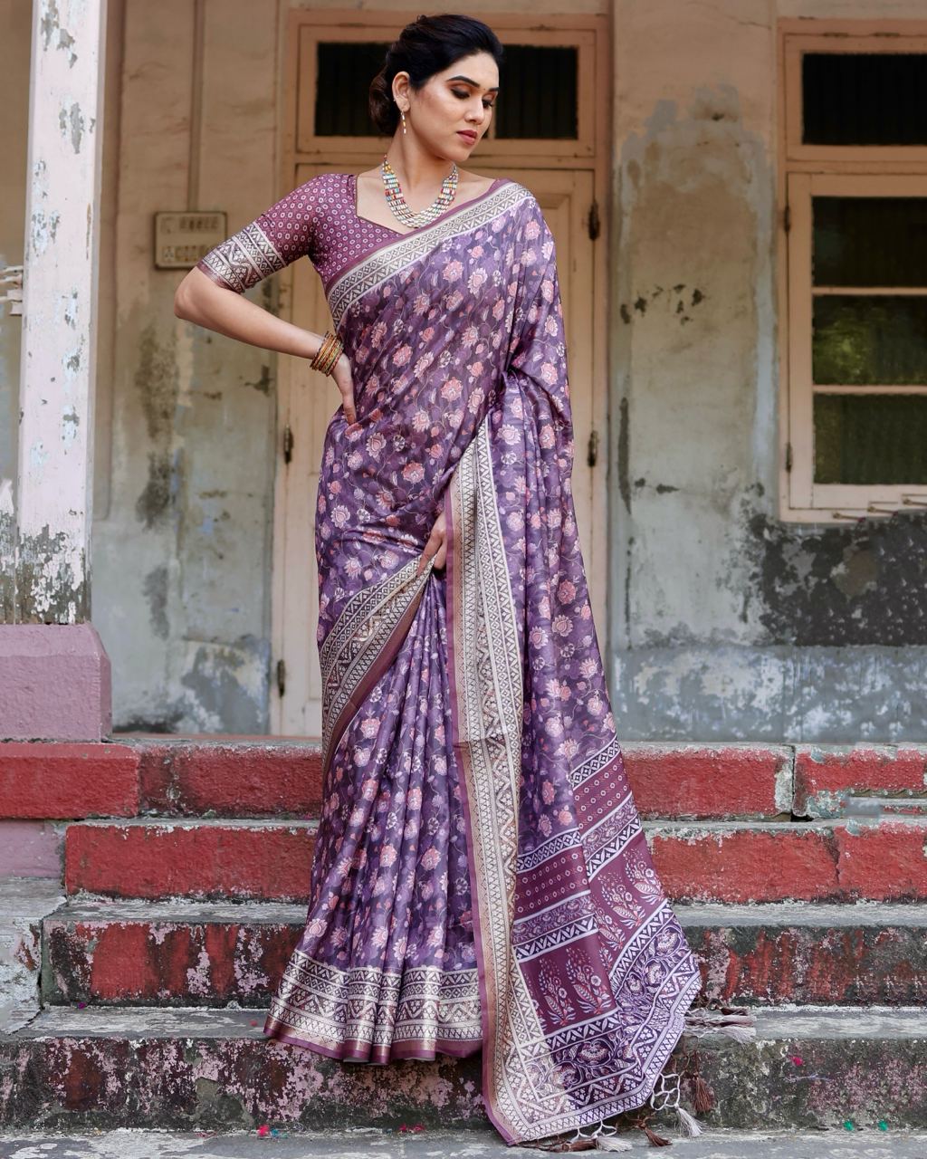 Luxury Purple Floral Printed Cotton Silk Saree