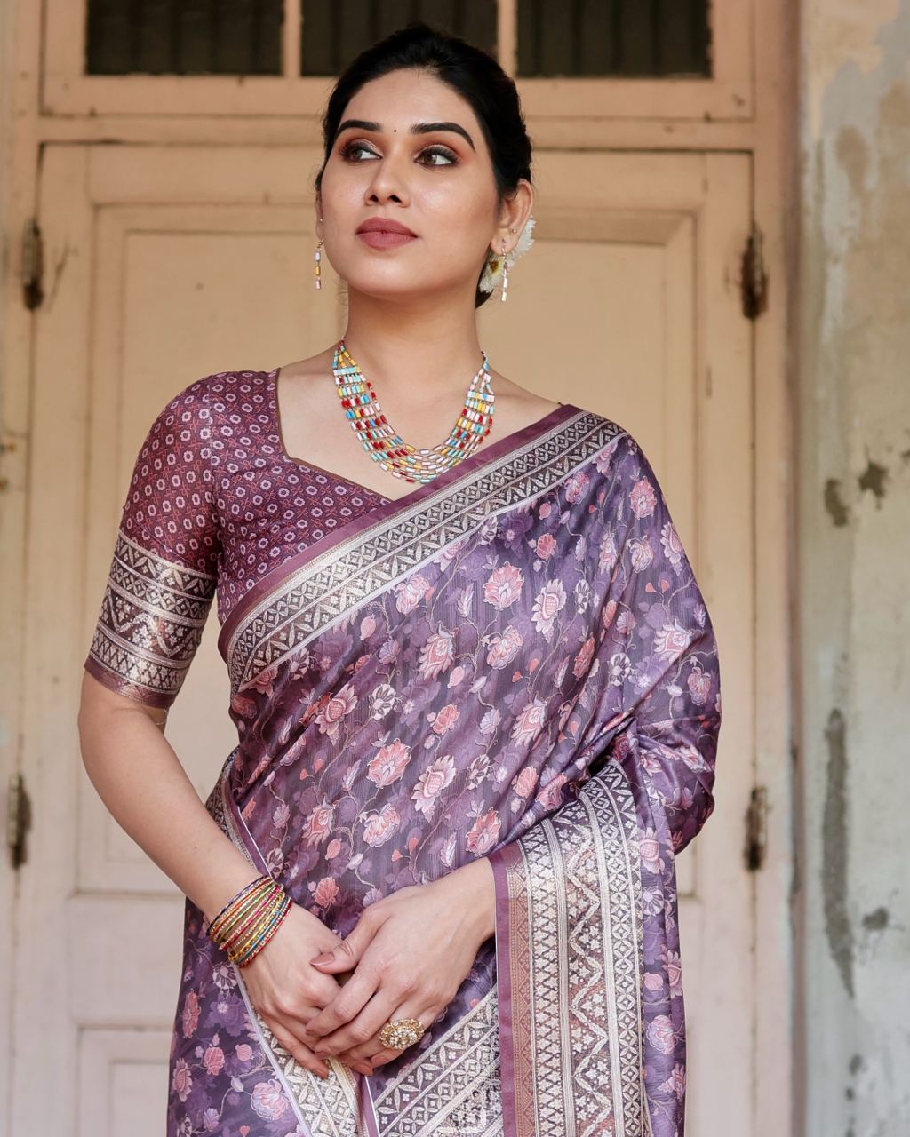 Luxury Purple Floral Printed Cotton Silk Saree