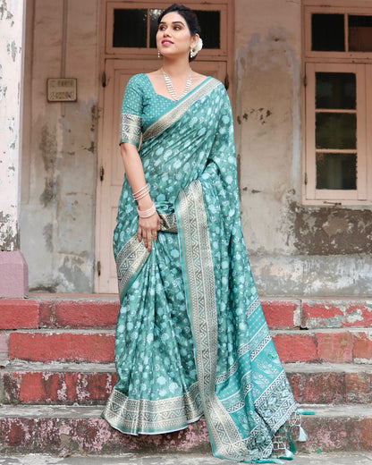 Delightful Rama Floral Printed Cotton Silk Saree
