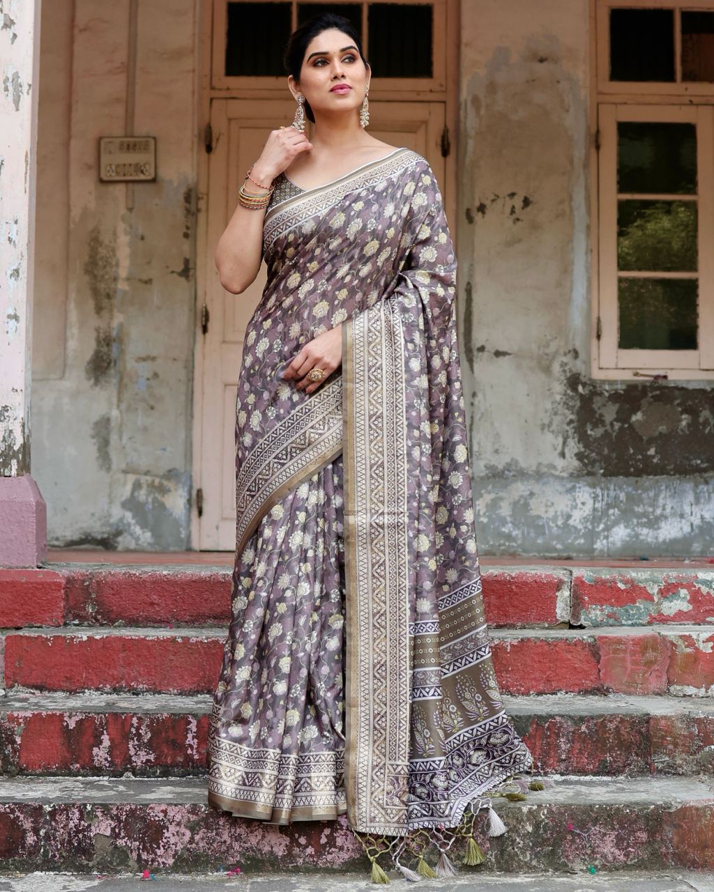 Light Grey Floral Printed Cotton Silk Saree