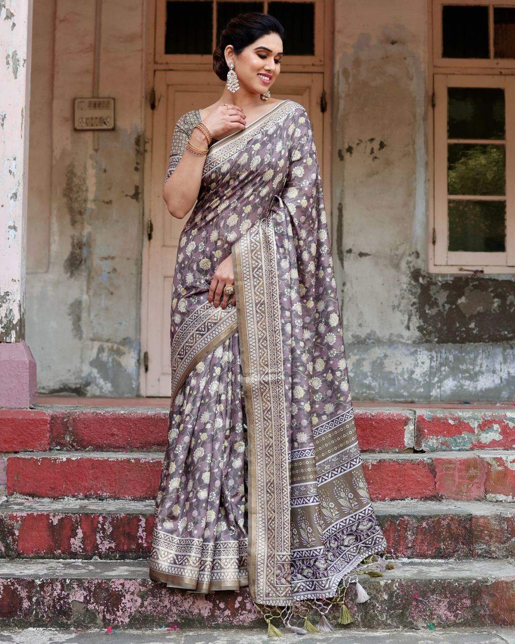 Light Grey Floral Printed Cotton Silk Saree