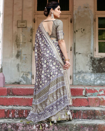 Light Grey Floral Printed Cotton Silk Saree