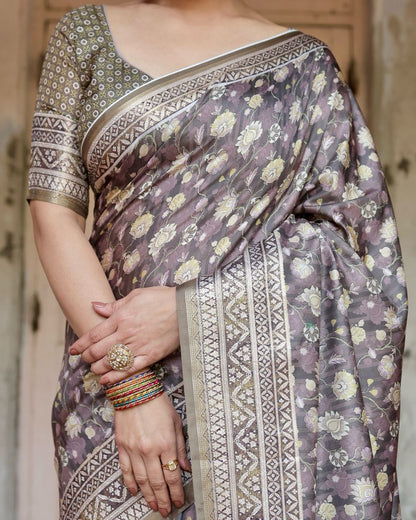 Light Grey Floral Printed Cotton Silk Saree