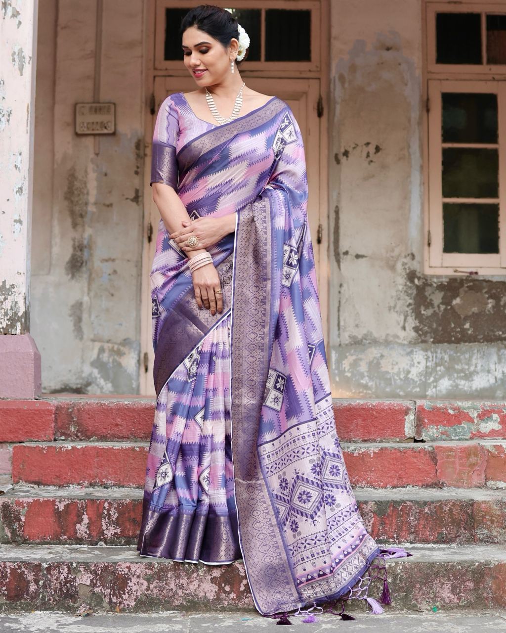 Heather Purple Floral Printed Cotton Silk Saree