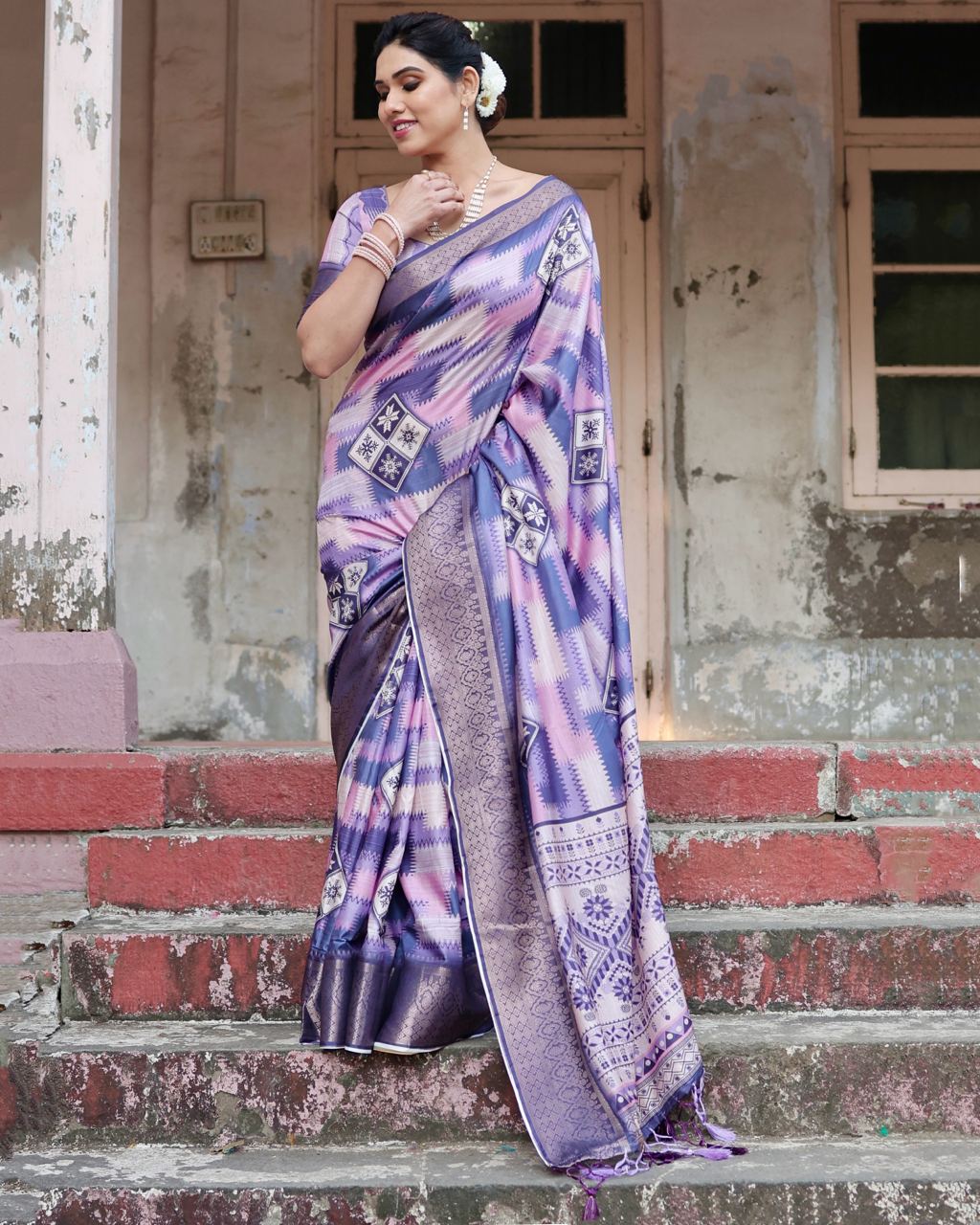 Heather Purple Floral Printed Cotton Silk Saree