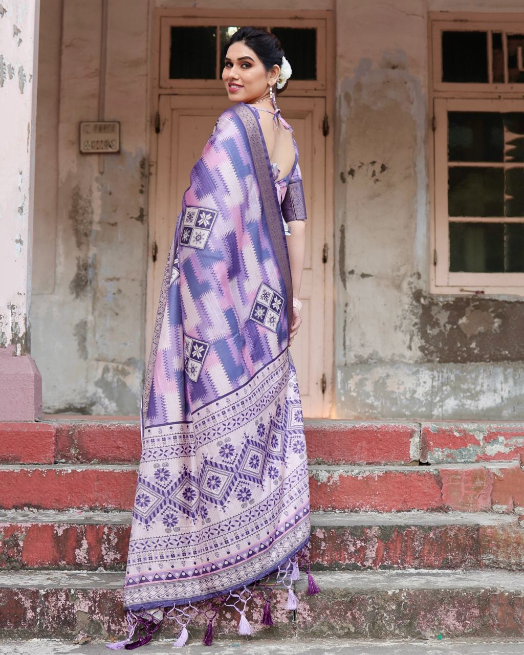 Heather Purple Floral Printed Cotton Silk Saree