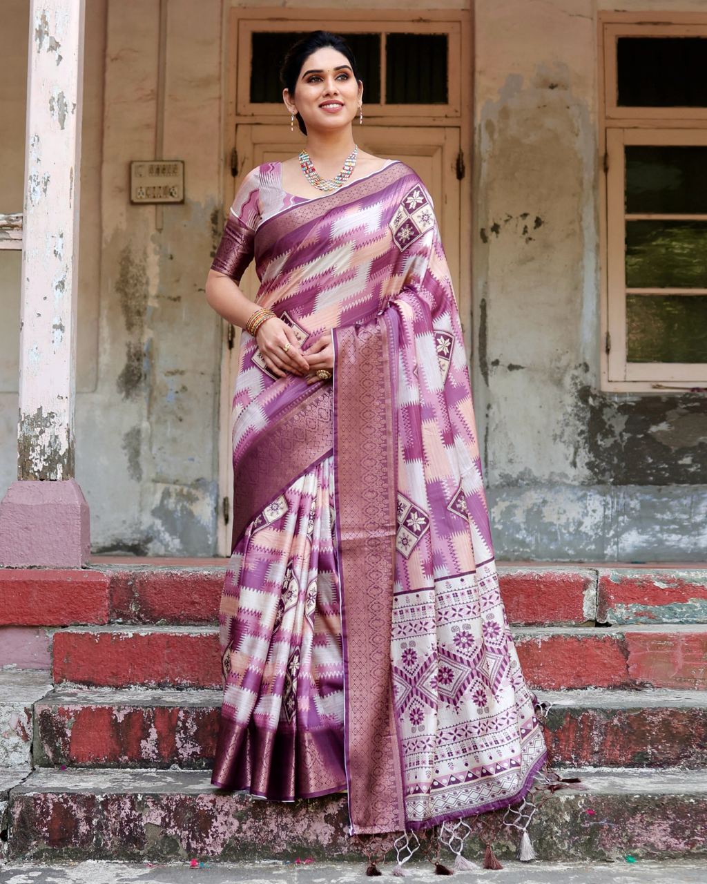 Magenta Pink Floral Printed Cotton Silk Saree