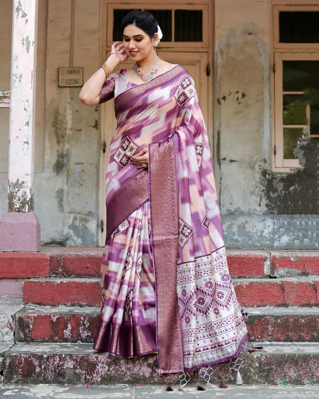 Magenta Pink Floral Printed Cotton Silk Saree
