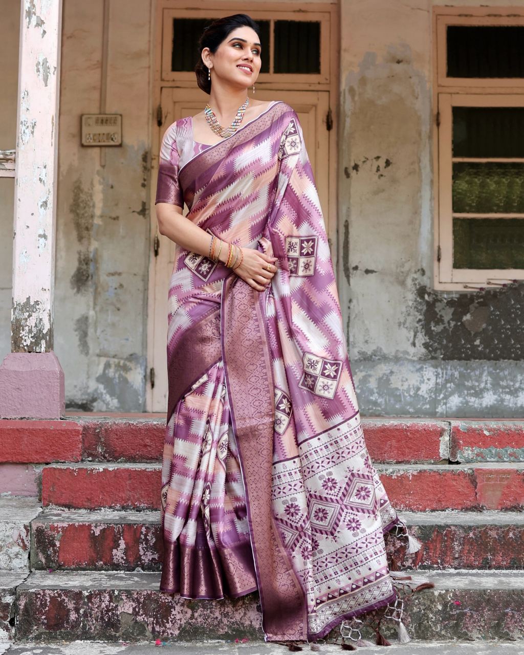 Magenta Pink Floral Printed Cotton Silk Saree