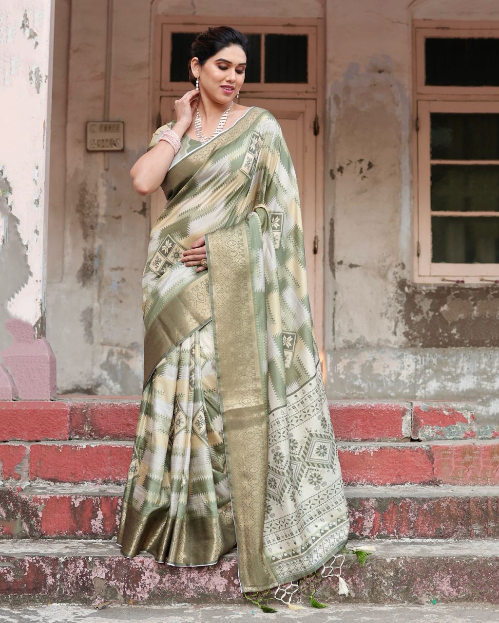 Pista Green Floral Printed Cotton Silk Saree