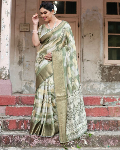 Pista Green Floral Printed Cotton Silk Saree