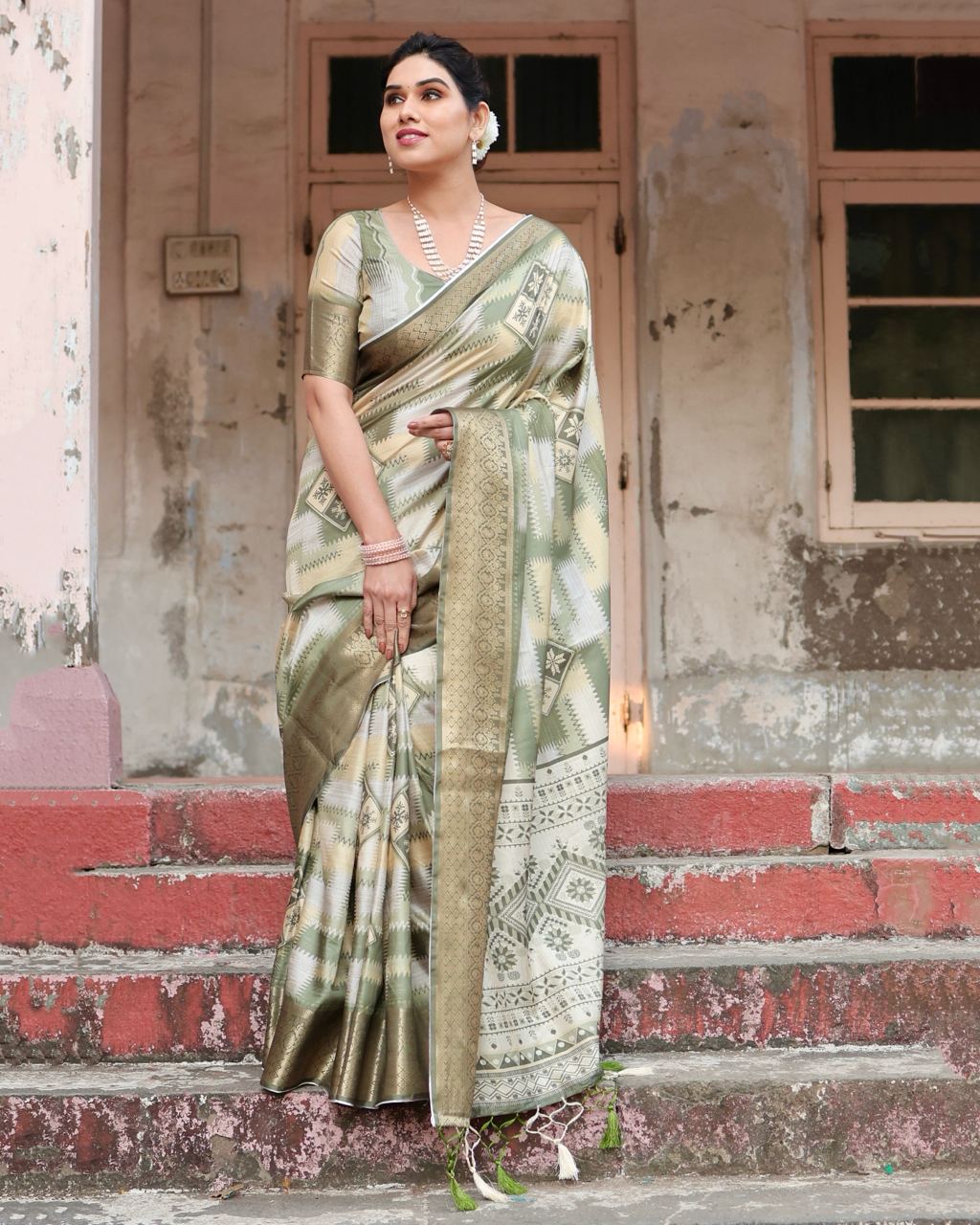 Pista Green Floral Printed Cotton Silk Saree
