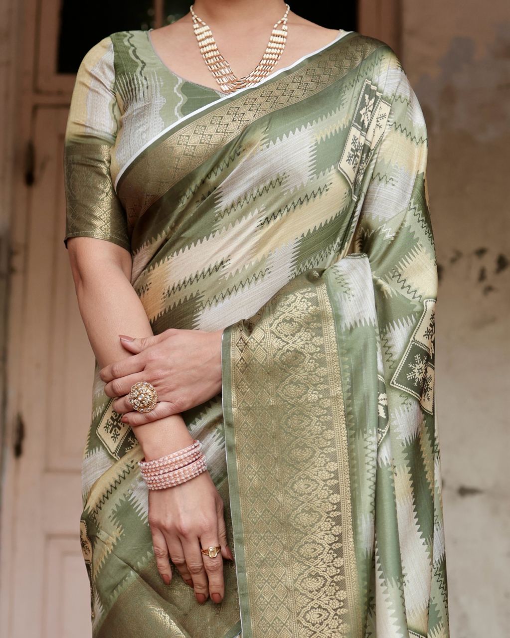 Pista Green Floral Printed Cotton Silk Saree