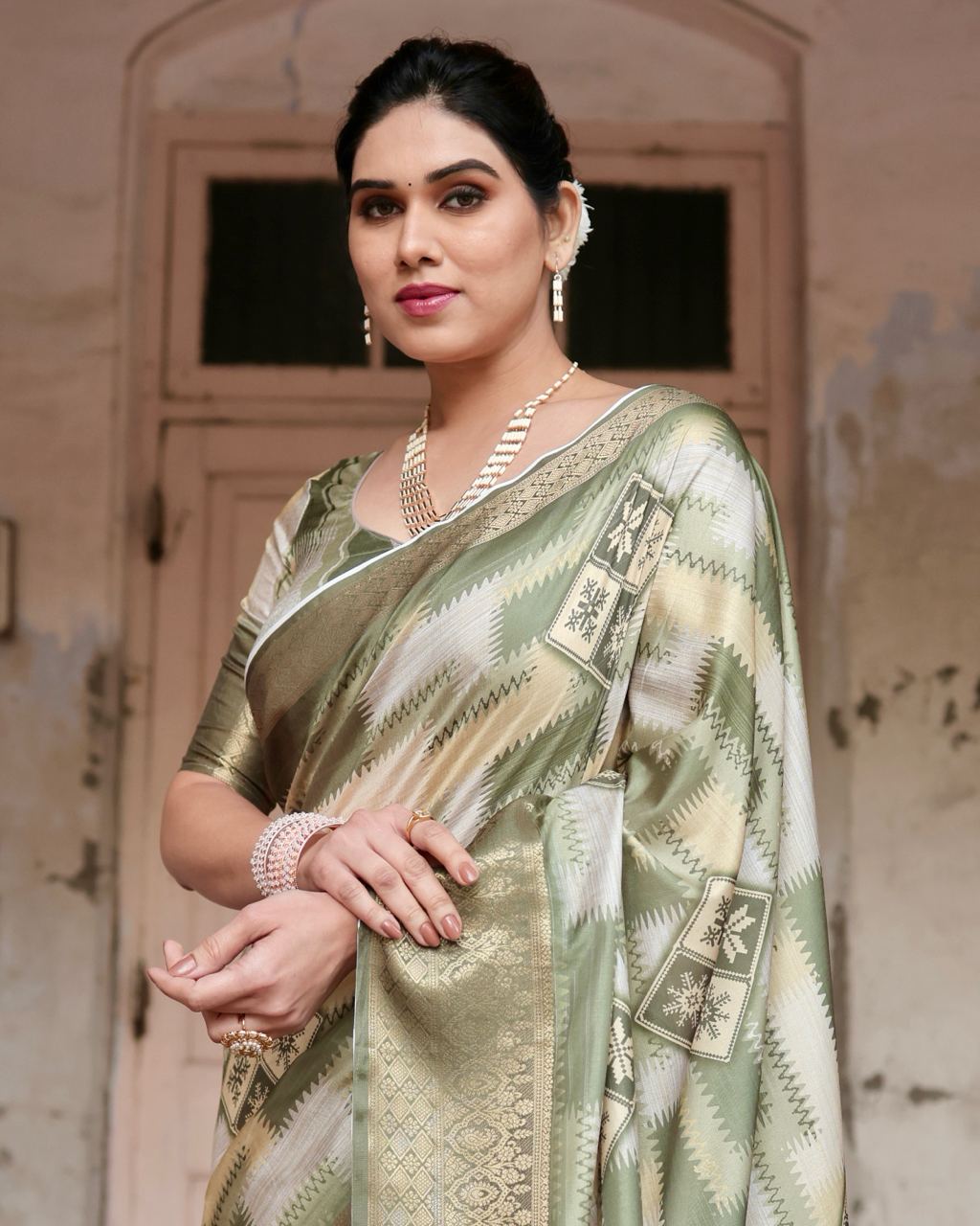 Pista Green Floral Printed Cotton Silk Saree