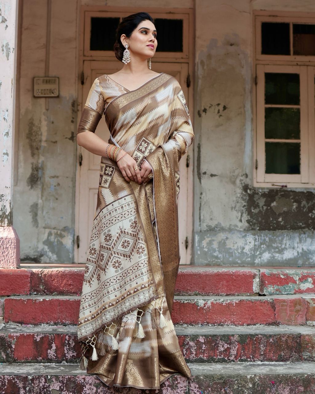 Beige Floral Printed Cotton Silk Saree