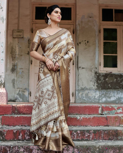 Beige Floral Printed Cotton Silk Saree