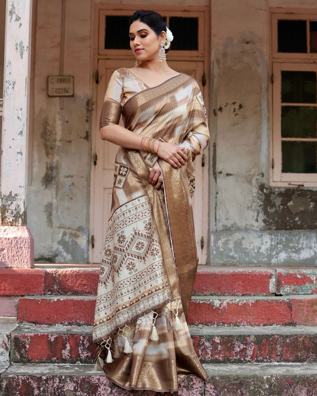 Beige Floral Printed Cotton Silk Saree