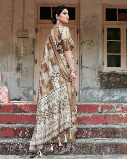 Beige Floral Printed Cotton Silk Saree