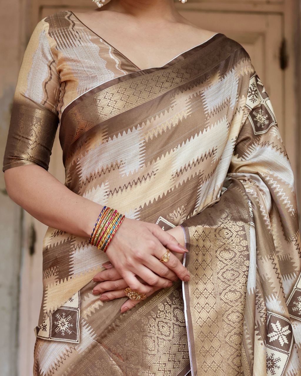 Beige Floral Printed Cotton Silk Saree