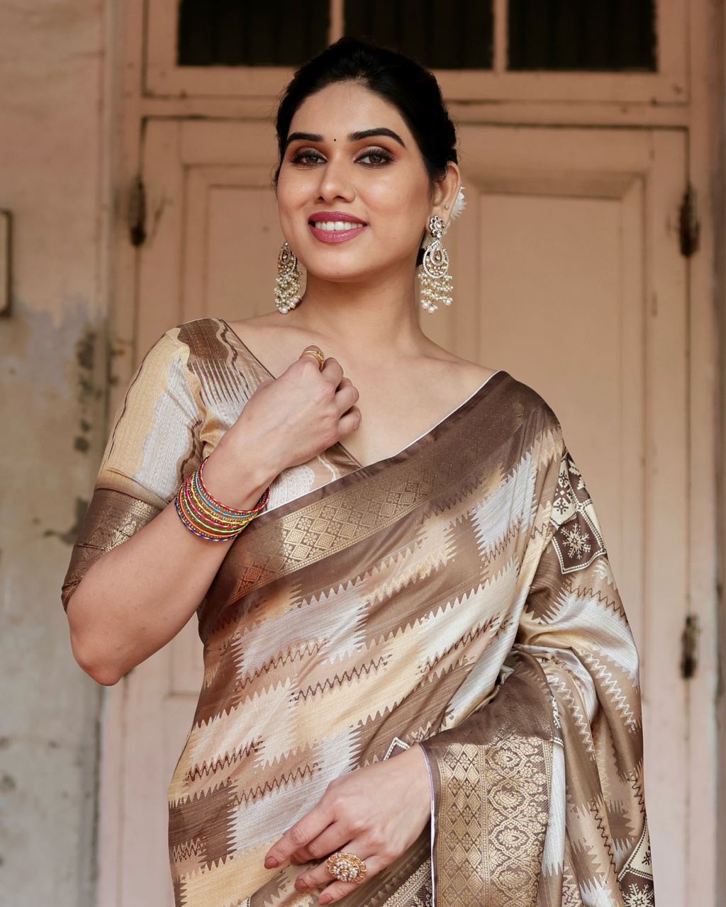 Beige Floral Printed Cotton Silk Saree