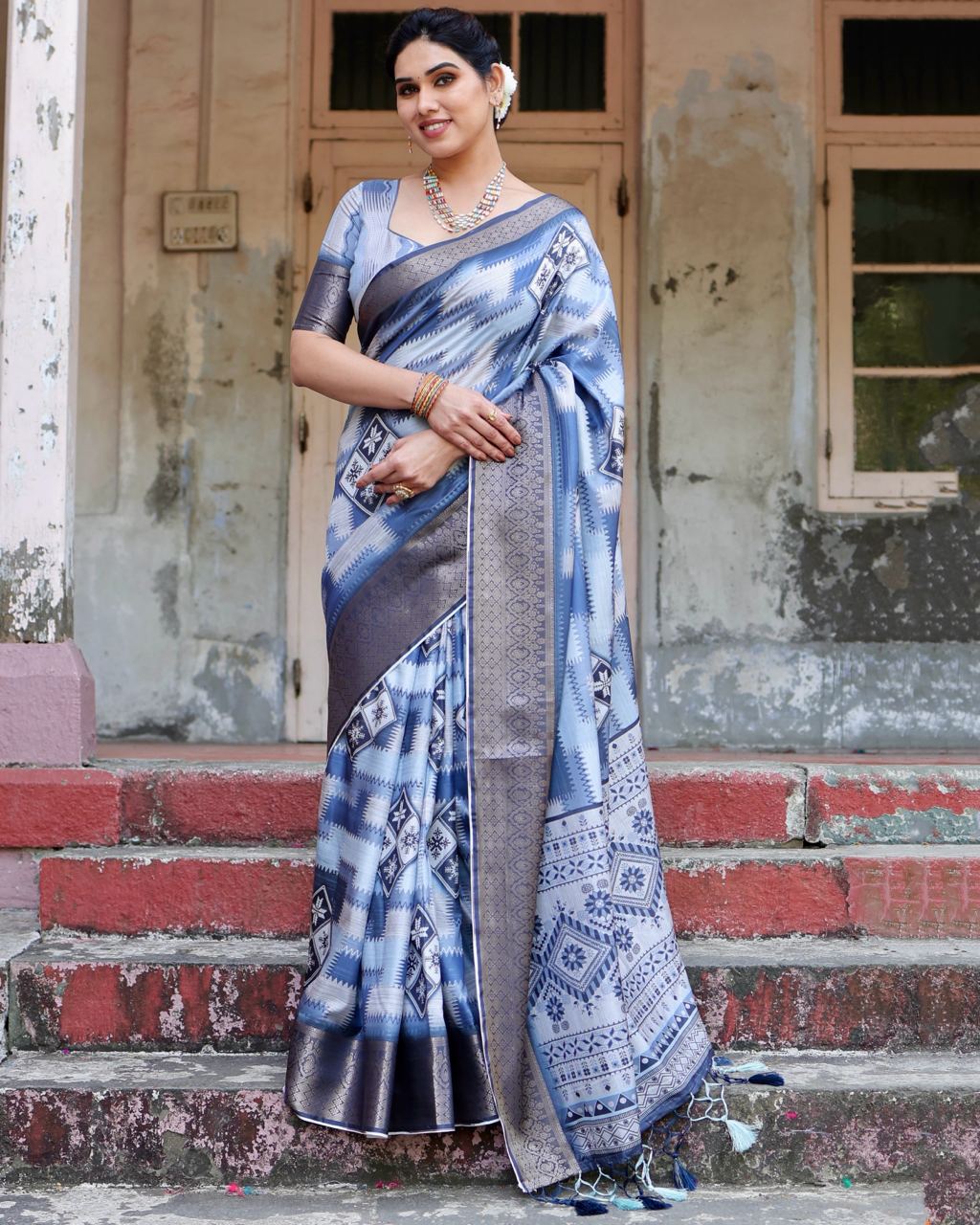 Blue Floral Printed Cotton Silk Saree