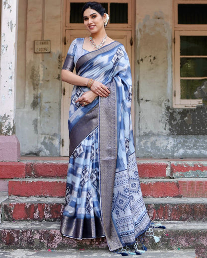 Blue Floral Printed Cotton Silk Saree