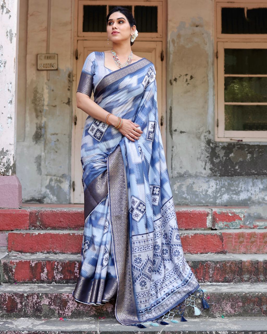 Blue Floral Printed Cotton Silk Saree