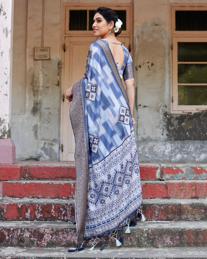 Blue Floral Printed Cotton Silk Saree