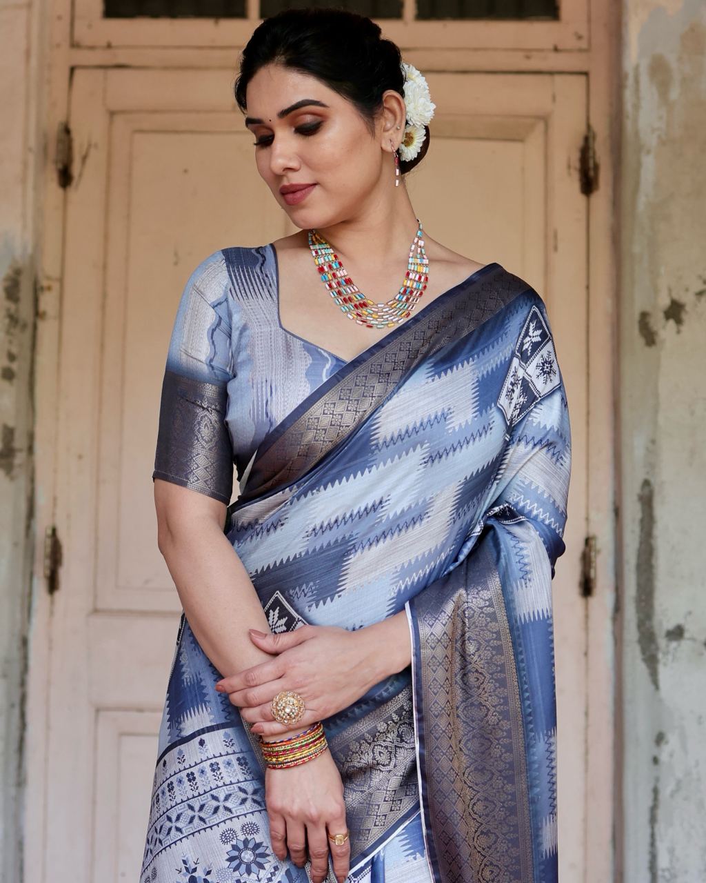 Blue Floral Printed Cotton Silk Saree