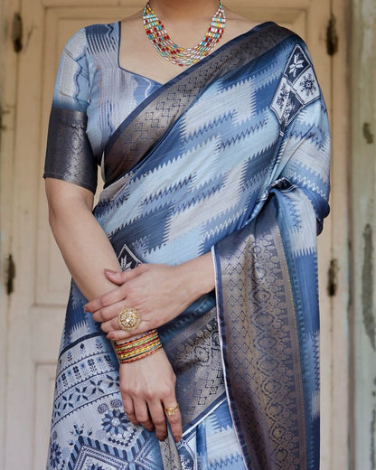 Blue Floral Printed Cotton Silk Saree