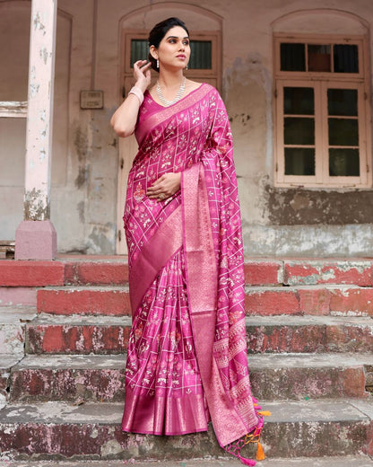 Rani Pink Floral Printed Cotton Silk Saree
