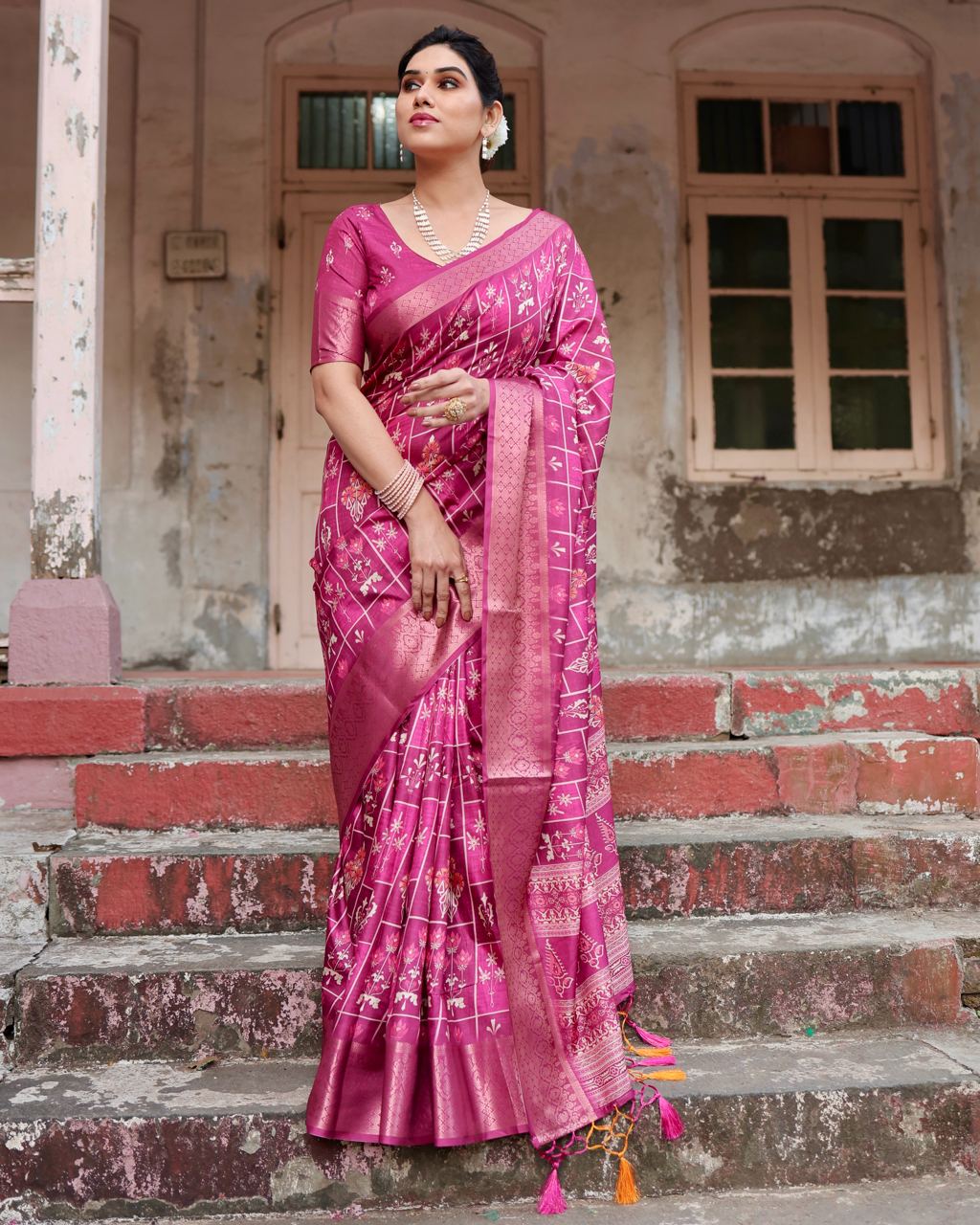 Rani Pink Floral Printed Cotton Silk Saree