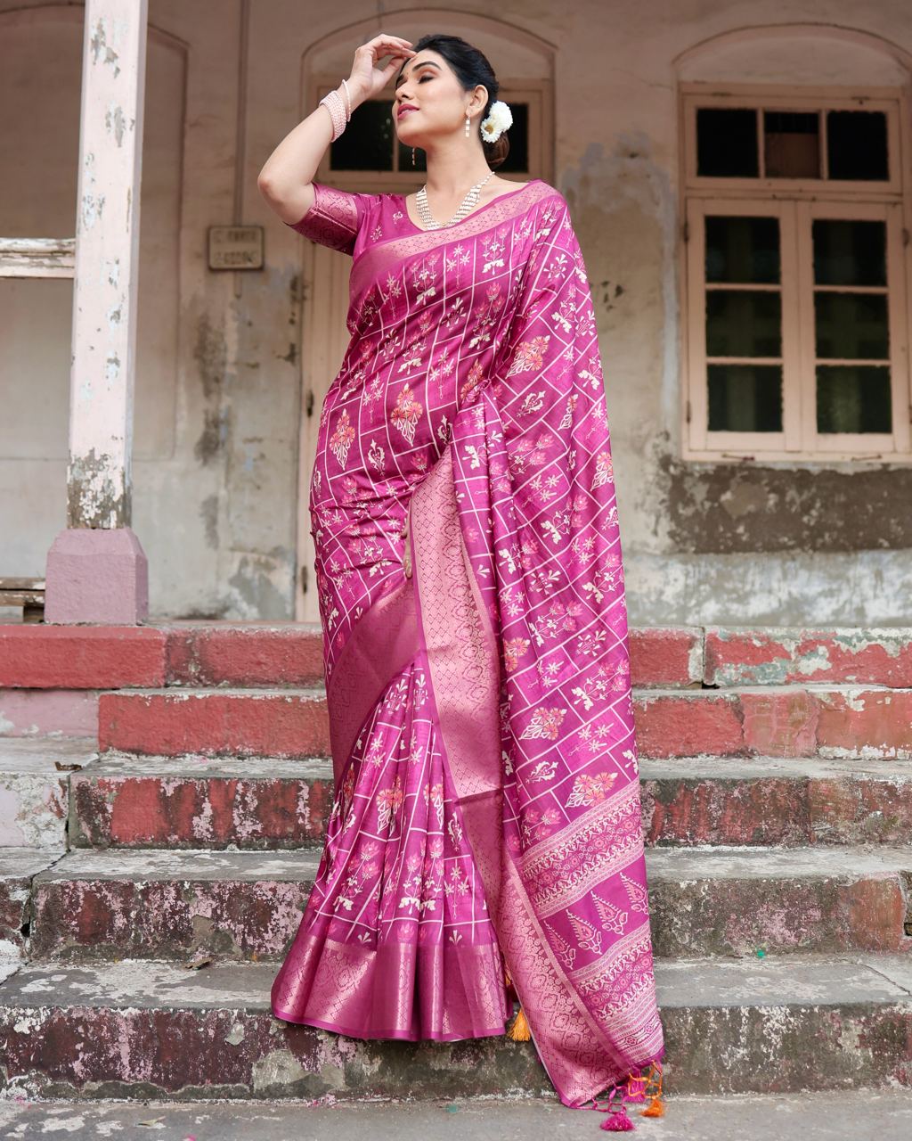 Rani Pink Floral Printed Cotton Silk Saree