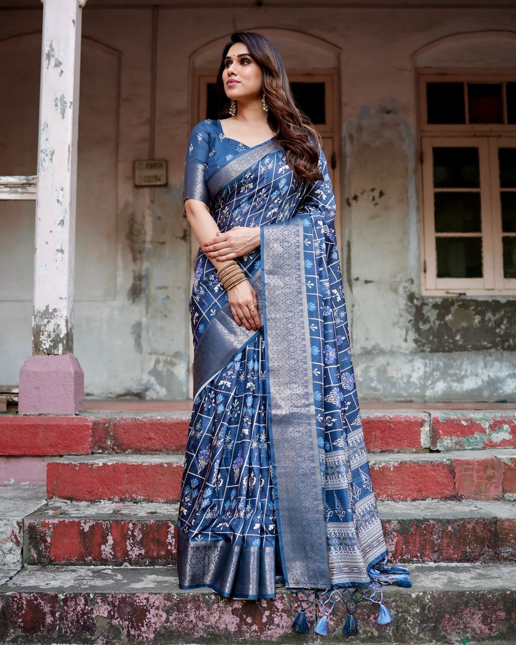 Navy Blue Floral Printed Cotton Silk Saree