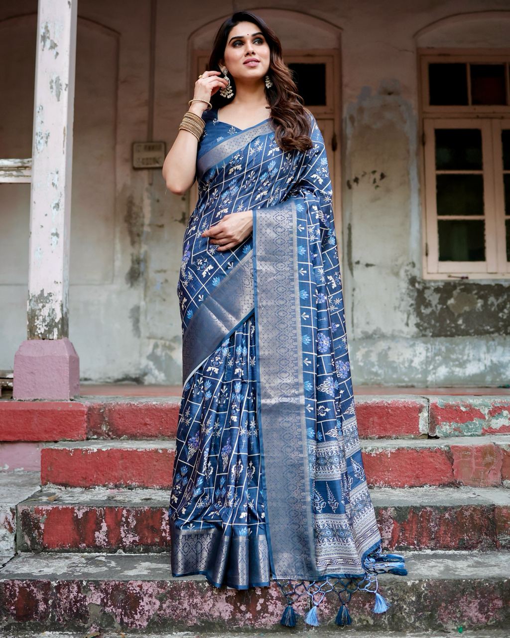 Navy Blue Floral Printed Cotton Silk Saree