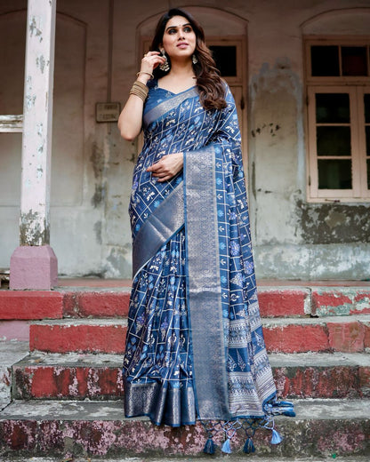 Navy Blue Floral Printed Cotton Silk Saree