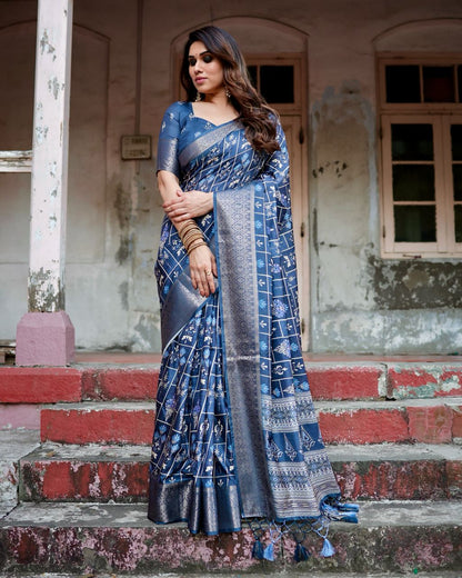 Navy Blue Floral Printed Cotton Silk Saree