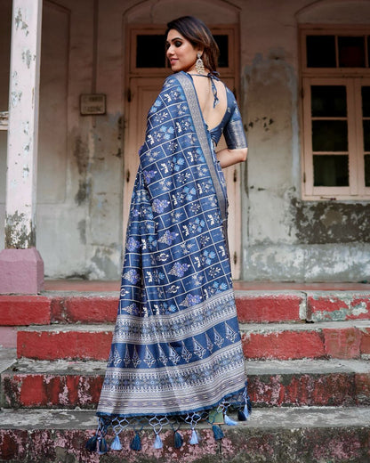 Navy Blue Floral Printed Cotton Silk Saree