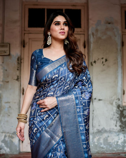 Navy Blue Floral Printed Cotton Silk Saree