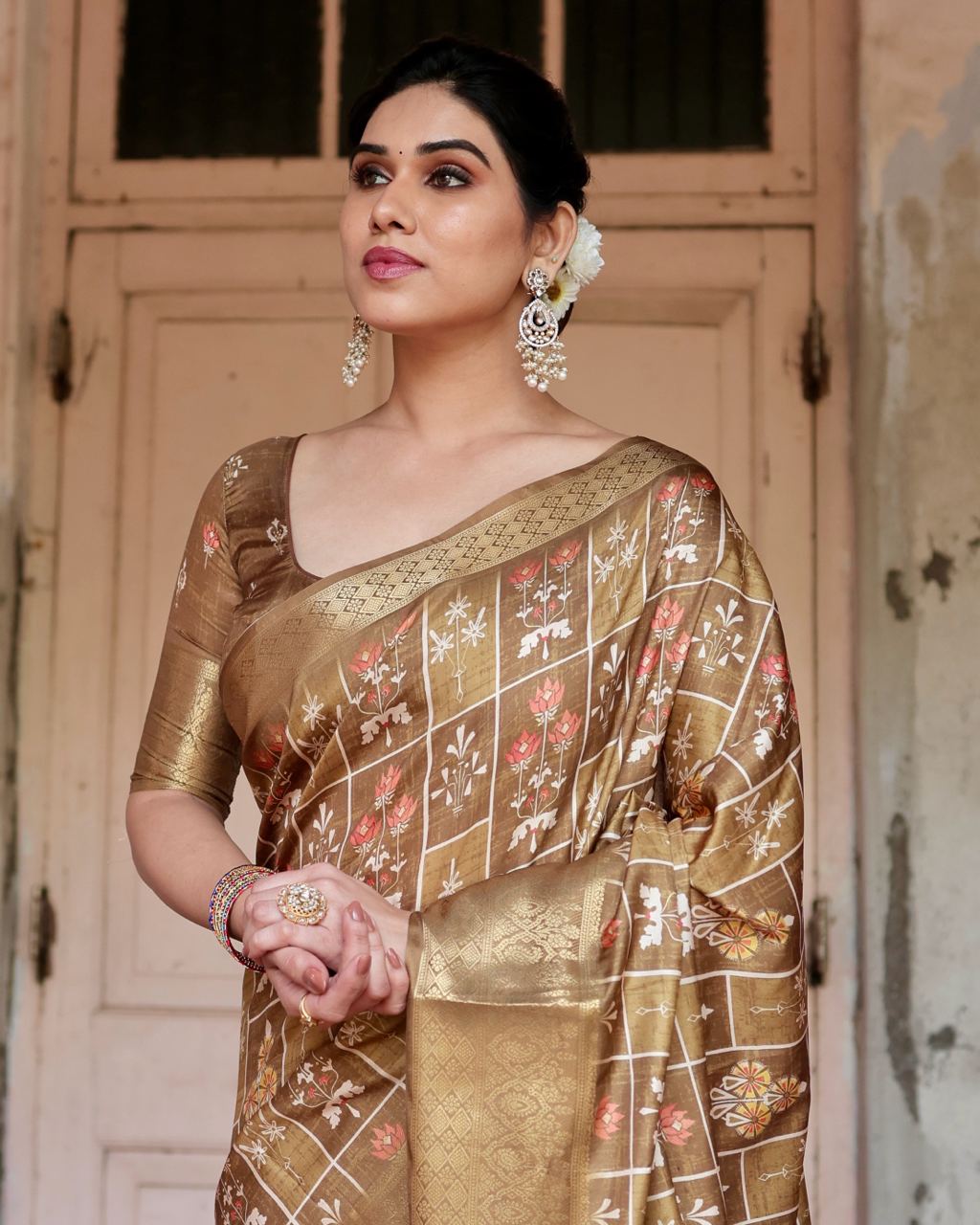 Cream Floral Printed Cotton Silk Saree
