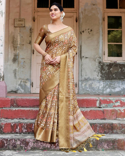 Cream Floral Printed Cotton Silk Saree