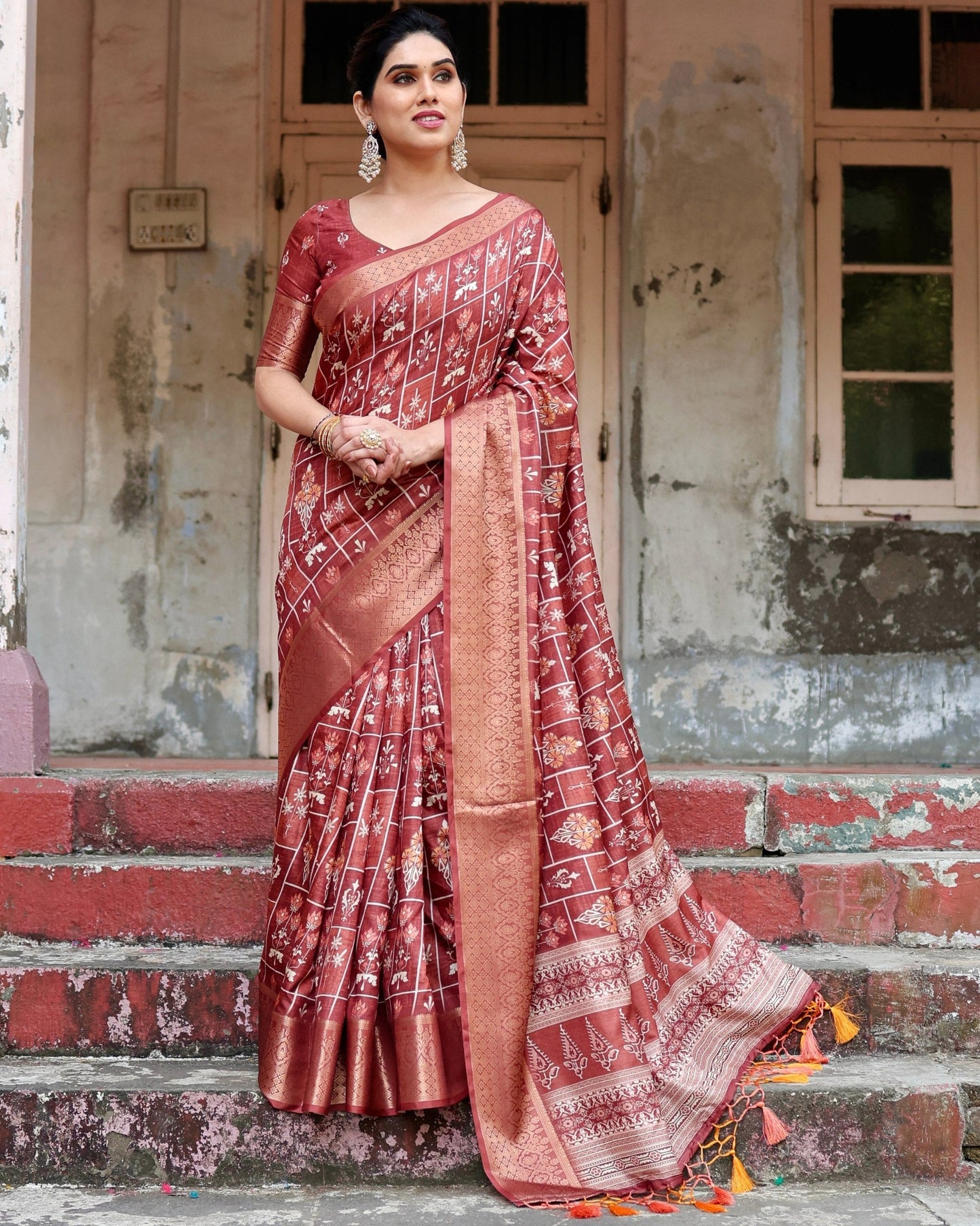 Maroon Floral Printed Cotton Silk Saree