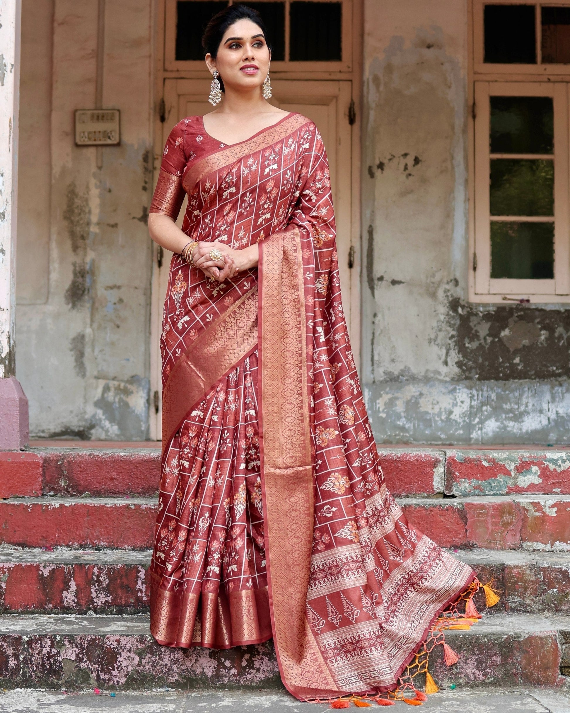 Maroon Floral Printed Cotton Silk Saree