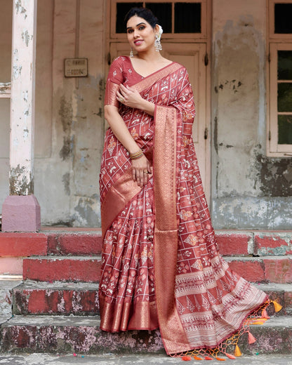 Maroon Floral Printed Cotton Silk Saree